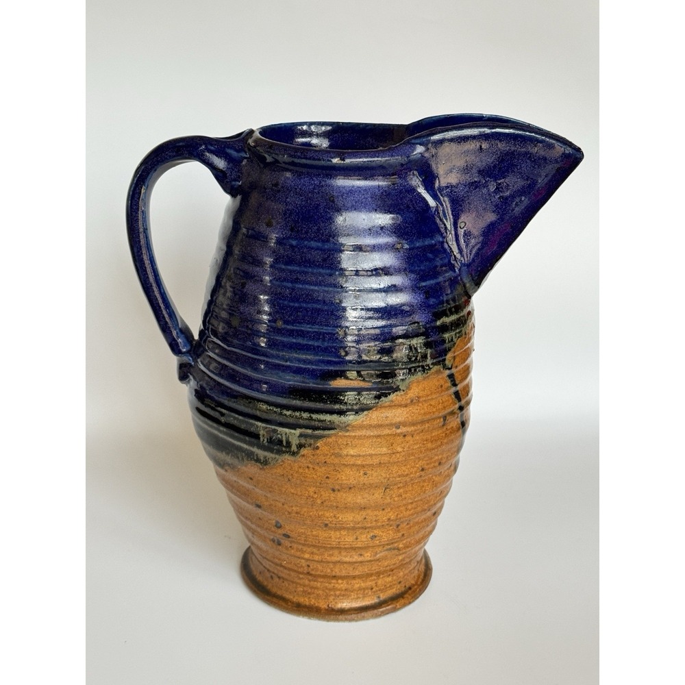 Studio Art Pottery Pitcher 10" Cobalt Blue Brown Signed EDG Ribbed